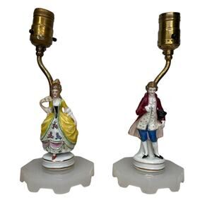 Vintage 40s Colonial Style Boudoir Lamps Pair Porcelain French Milk Glass Bases